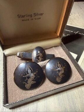 Black & Gold Thai Dancer Cufflinks and Tie Clip Set